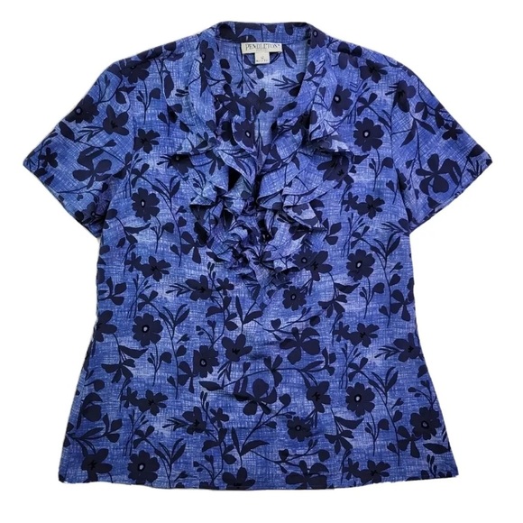 Pendleton Blue Floral Ruffle Top Size 10 - Picture 1 of 4